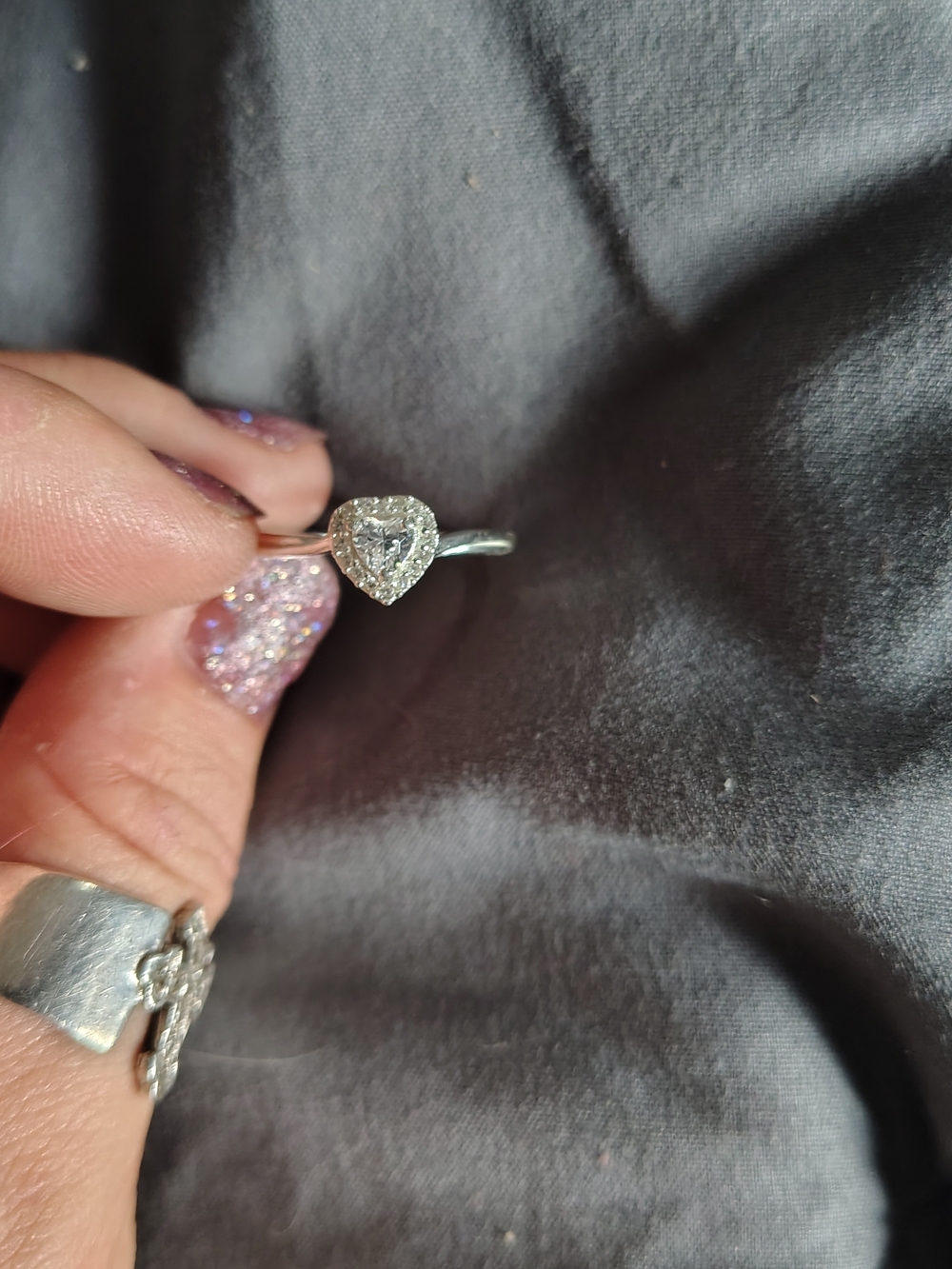 Silver Heart Halo Ring  With White Sterling Silver Band For Sale! - Picture 2 of 3